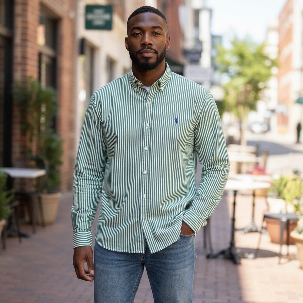 polo ralph lauren mens xl 17 1/2 curham classic fit white green stripe shirt
